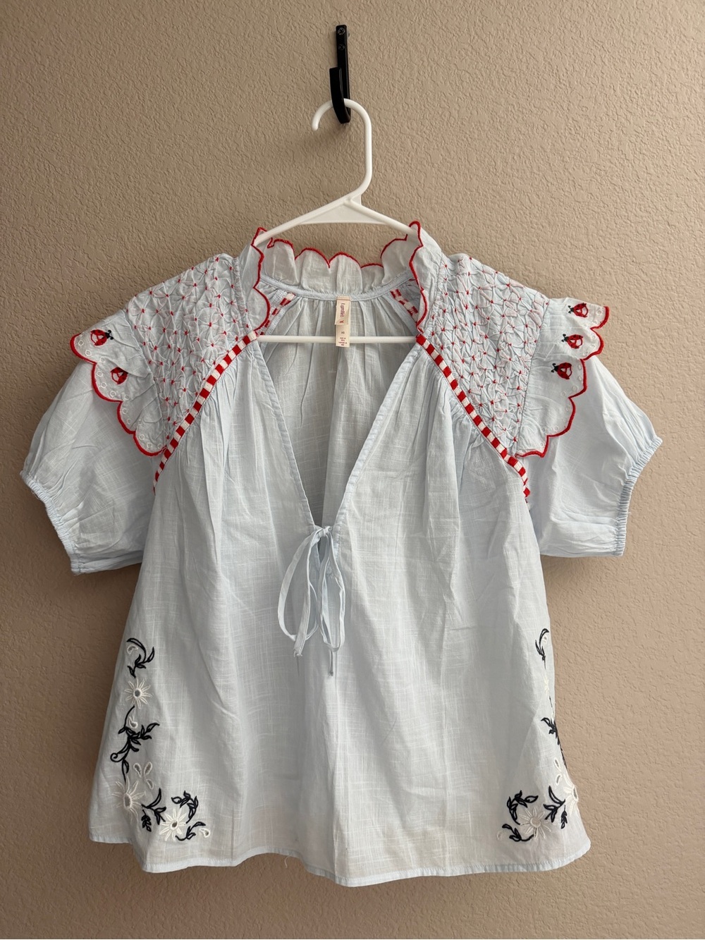 Anthropologie Light Blue Cotton Embroidered Peasant Blouse with Red Accents